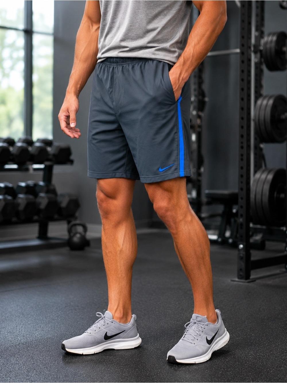 Nike Dri-FIT Athletic Training Shorts Gray Blue Elastic Waist